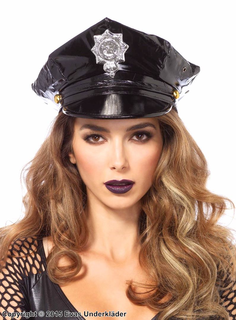 Kvinnlig trafikpolis, maskeradhatt i lack